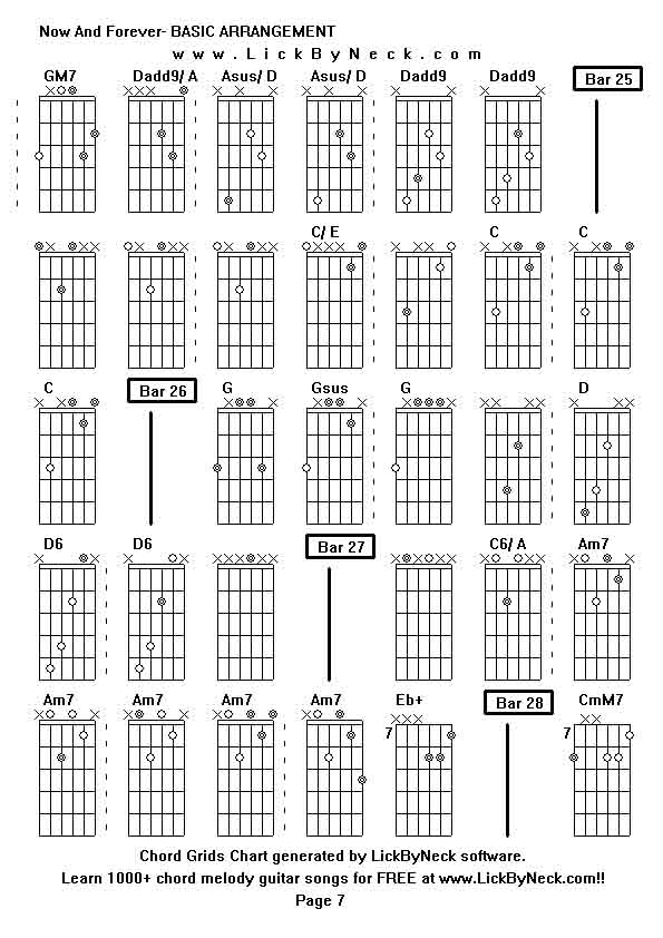 Chord Grids Chart of chord melody fingerstyle guitar song-Now And Forever- BASIC ARRANGEMENT,generated by LickByNeck software.